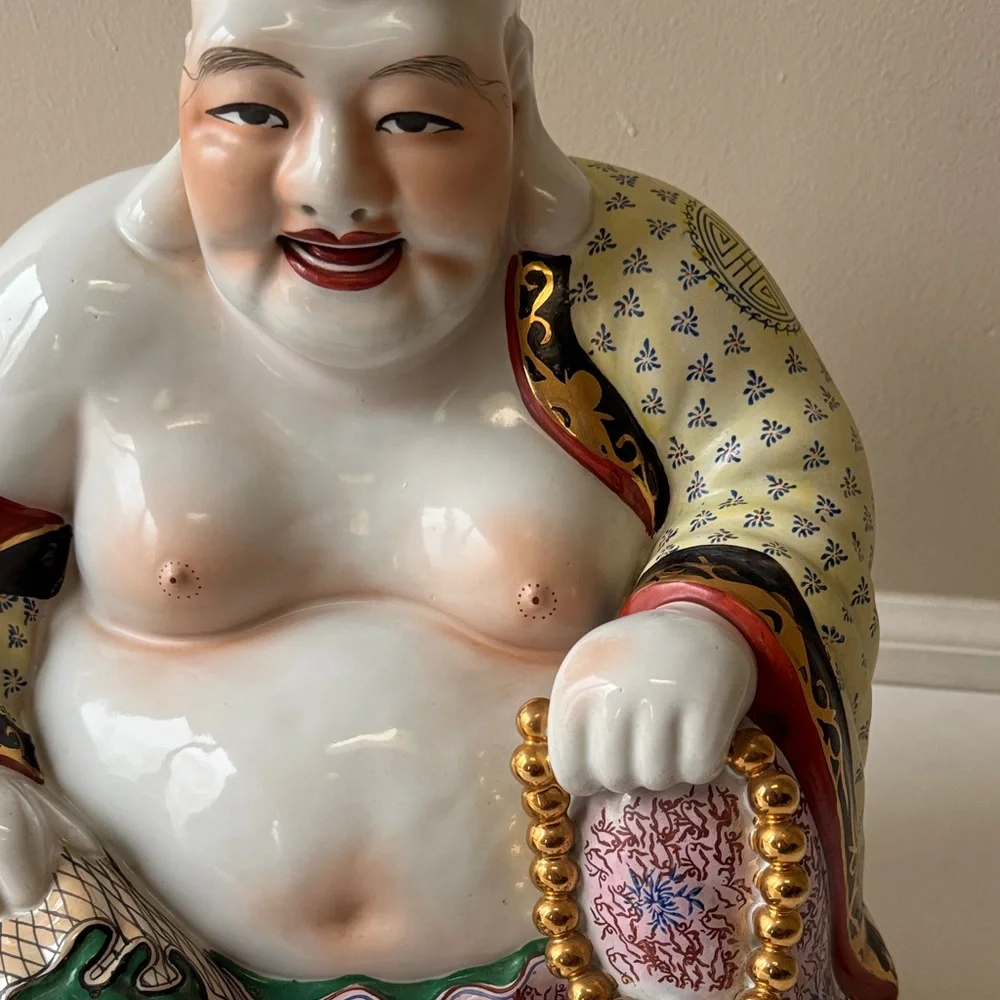 Vintage Hand-Painted Porcelain Laughing Buddha Statue in White and Multicolor - Picture 7 of 14